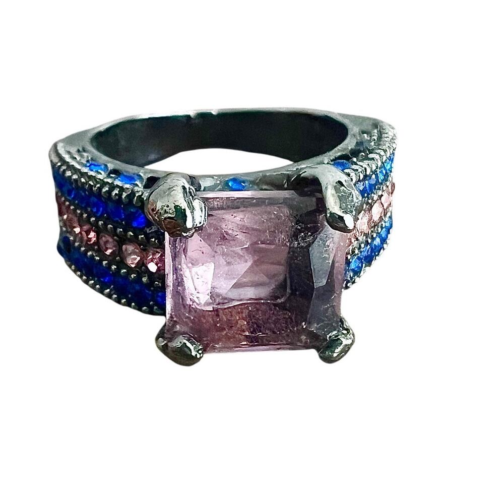 Purple and blue rhinestone studded princess cut chunky cocktail ring - size 8.5